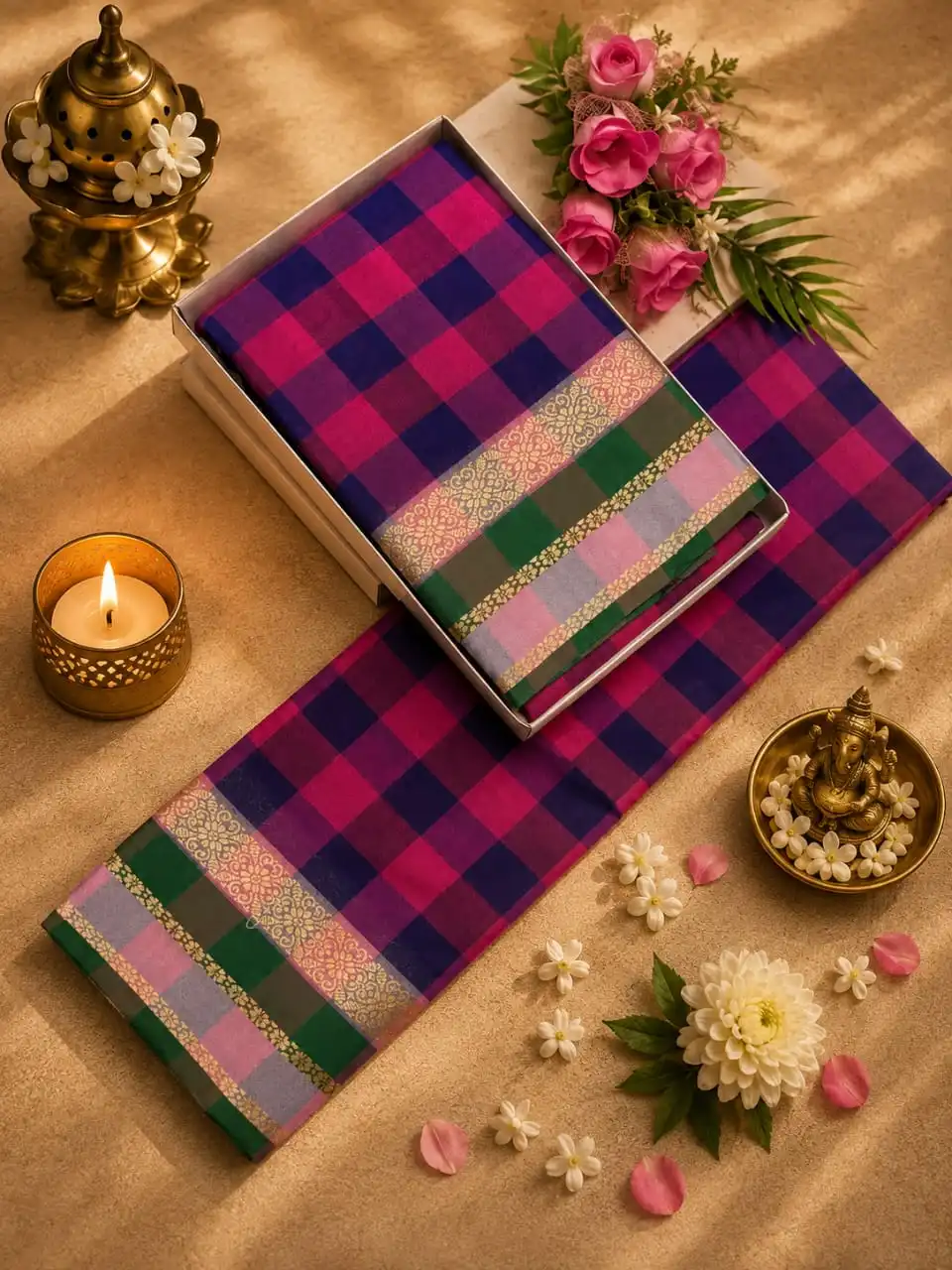 Magenta Pink Floral Brocade & Multi-Color Paneled Border Check Saree